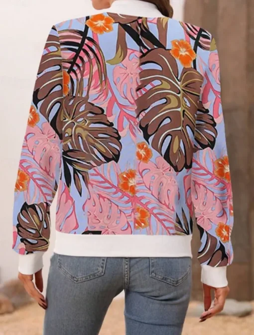 Women's Bomber Jacket Casual Jacket Comfortable Breathable Zipper Pocket Print Casual Floral Vacation Street Casual Daily Wear Zipper Short Stand Collar Regular Fit Long Sleeve Outerwear White Pink