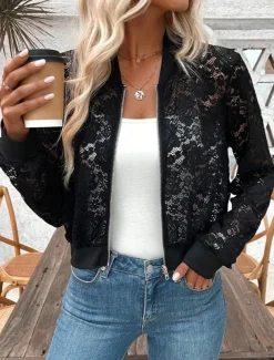 Women's Bomber Jacket Comfortable Breathable Lace Patchwork Zipper Elegant Casual Plain Vacation Street Casual Daily Wear Zipper Short Stand Collar Regular Fit Long Sleeve Outerwear Black Summer