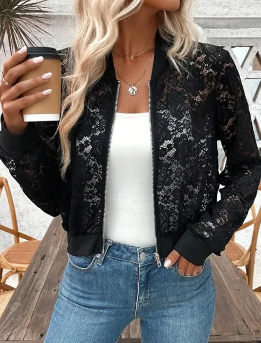 Women's Bomber Jacket Comfortable Breathable Lace Patchwork Zipper Elegant Casual Plain Vacation Street Casual Daily Wear Zipper Short Stand Collar Regular Fit Long Sleeve Outerwear Black Summer
