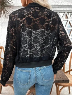 Women's Bomber Jacket Comfortable Breathable Lace Patchwork Zipper Elegant Casual Plain Vacation Street Casual Daily Wear Zipper Short Stand Collar Regular Fit Long Sleeve Outerwear Black Summer