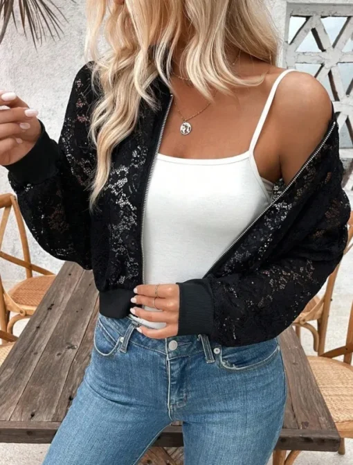 Women's Bomber Jacket Comfortable Breathable Lace Patchwork Zipper Elegant Casual Plain Vacation Street Casual Daily Wear Zipper Short Stand Collar Regular Fit Long Sleeve Outerwear Black Summer