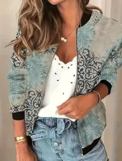 Women's Bomber Jacket Warm Quick Dry Zipper Pocket Elegant Fashion Daily Simple Floral Vacation Casual Daily Holiday Short Baseball Collar Regular Fit Long Sleeve Outerwear Black Light Green Pink Fall