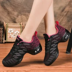 Women's Breathable Flyknit Dance Sneakers with Air Cushion Sole – Lightweight Jazz Fitness Shoes for Zumba, Workout, or Casual Wear