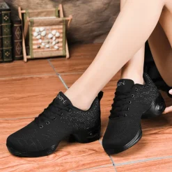 Women's Breathable Flyknit Dance Sneakers with Air Cushion Sole – Lightweight Jazz Fitness Shoes for Zumba, Workout, or Casual Wear