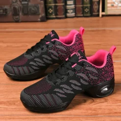 Women's Breathable Flyknit Dance Sneakers with Air Cushion Sole – Lightweight Jazz Fitness Shoes for Zumba, Workout, or Casual Wear