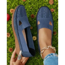 Women's Breathable Flyknit Cut-Out Loafers – Lightweight Casual Slip-On Shoes for Gardening and Outdoor Activities