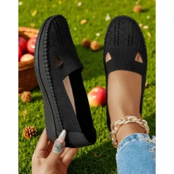 Women's Breathable Flyknit Cut-Out Loafers – Lightweight Casual Slip-On Shoes for Gardening and Outdoor Activities