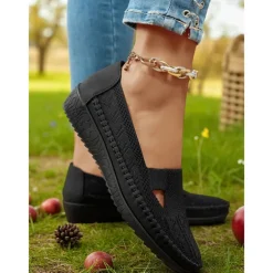 Women's Breathable Flyknit Cut-Out Loafers – Lightweight Casual Slip-On Shoes for Gardening and Outdoor Activities