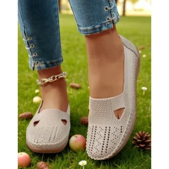 Women's Breathable Flyknit Cut-Out Loafers – Lightweight Casual Slip-On Shoes for Gardening and Outdoor Activities