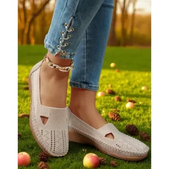 Women's Breathable Flyknit Cut-Out Loafers – Lightweight Casual Slip-On Shoes for Gardening and Outdoor Activities