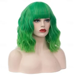 Women's Bright Green Ombre Wig Short Curly Wavy Wig Shoulder Length Flat Bangs Wig For Women Girl Cosplay Party Halloween Wig Cap Included St.Patrick's Day Wigs