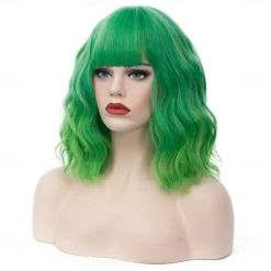 Women's Bright Green Ombre Wig Short Curly Wavy Wig Shoulder Length Flat Bangs Wig For Women Girl Cosplay Party Halloween Wig Cap Included St.Patrick's Day Wigs