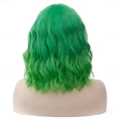 Women's Bright Green Ombre Wig Short Curly Wavy Wig Shoulder Length Flat Bangs Wig For Women Girl Cosplay Party Halloween Wig Cap Included St.Patrick's Day Wigs