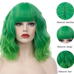 Women's Bright Green Ombre Wig Short Curly Wavy Wig Shoulder Length Flat Bangs Wig For Women Girl Cosplay Party Halloween Wig Cap Included St.Patrick's Day Wigs