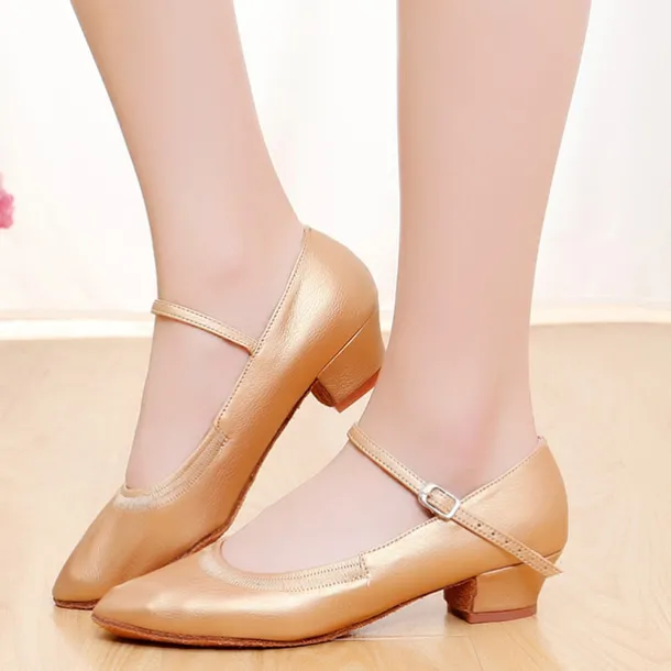 Women's Bronze Faux Leather Mary Jane Dance Shoes with Mid-Heel and Adjustable Buckle - Ideal for Ballroom and Latin Performances
