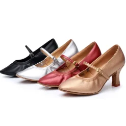 Women's Bronze Faux Leather Mary Jane Dance Shoes with Mid-Heel and Adjustable Buckle - Ideal for Ballroom and Latin Performances