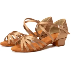 Women's Bronze Satin Latin Dance Shoes with Soft Suede Sole - Strappy Open Toe Low Heel Ballroom Sandals with Ankle Buckle for Salsa and Tango