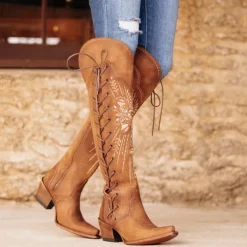 Women's Brown Embroidered Lace-Up Over-the-Knee Cowboy Boots, Western Style for Casual Outfits and Country Events