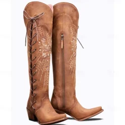 Women's Brown Embroidered Lace-Up Over-the-Knee Cowboy Boots, Western Style for Casual Outfits and Country Events