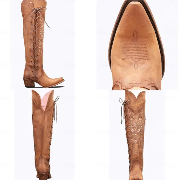 Women's Brown Embroidered Lace-Up Over-the-Knee Cowboy Boots, Western Style for Casual Outfits and Country Events
