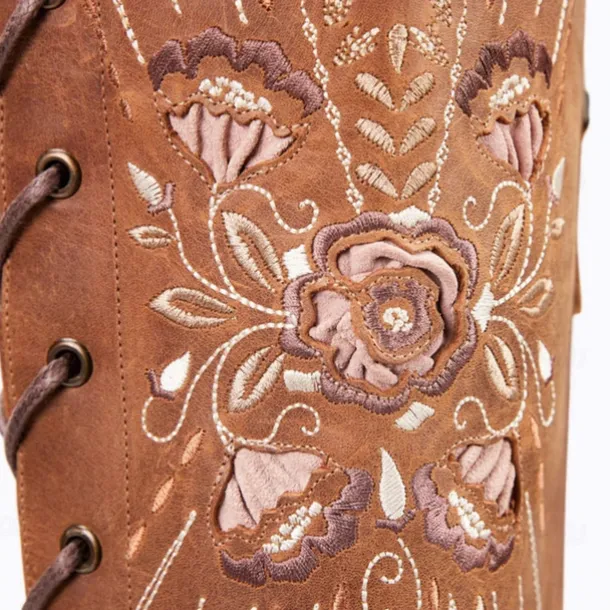 Women's Brown Embroidered Lace-Up Over-the-Knee Cowboy Boots, Western Style for Casual Outfits and Country Events