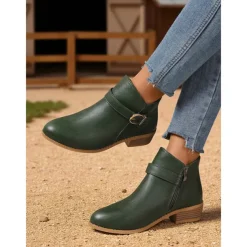 Women's Brown Faux Leather Ankle Boots – Low Heel Side Zip Buckle Booties for Fall Outings, Country Walks and Daily Wear