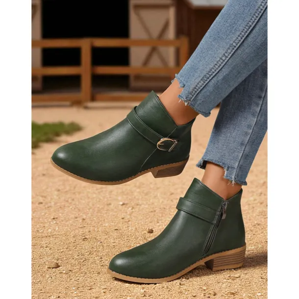 Women's Brown Faux Leather Ankle Boots – Low Heel Side Zip Buckle Booties for Fall Outings, Country Walks and Daily Wear