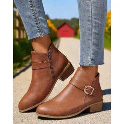 Women's Brown Faux Leather Ankle Boots – Low Heel Side Zip Buckle Booties for Fall Outings, Country Walks and Daily Wear