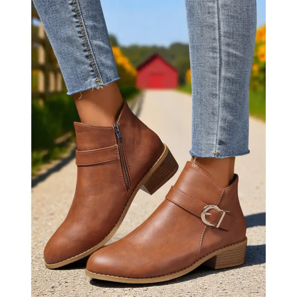 Women's Brown Faux Leather Ankle Boots – Low Heel Side Zip Buckle Booties for Fall Outings, Country Walks and Daily Wear