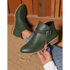 Women's Brown Faux Leather Ankle Boots – Low Heel Side Zip Buckle Booties for Fall Outings, Country Walks and Daily Wear