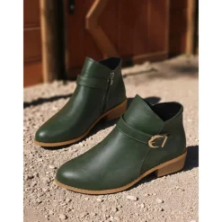 Women's Brown Faux Leather Ankle Boots – Low Heel Side Zip Buckle Booties for Fall Outings, Country Walks and Daily Wear