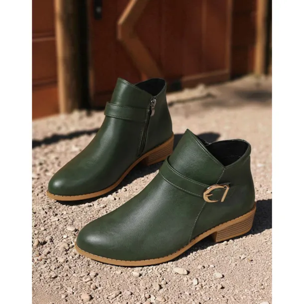 Women's Brown Faux Leather Ankle Boots – Low Heel Side Zip Buckle Booties for Fall Outings, Country Walks and Daily Wear