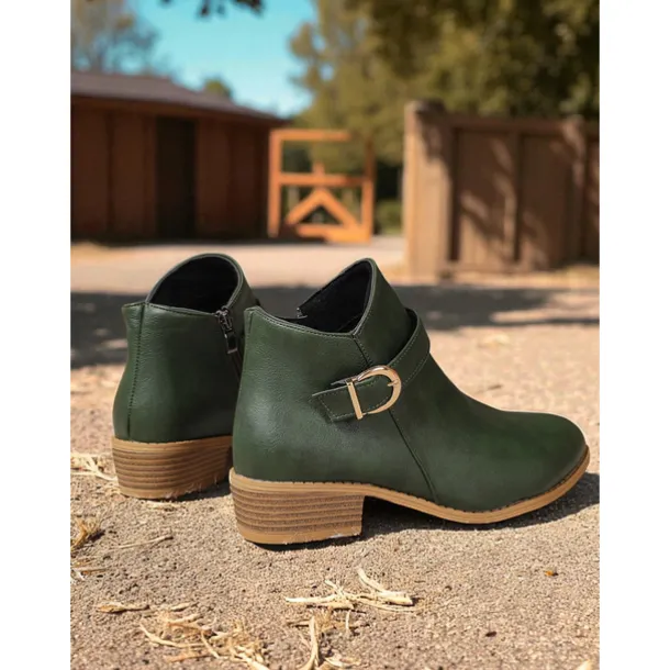 Women's Brown Faux Leather Ankle Boots – Low Heel Side Zip Buckle Booties for Fall Outings, Country Walks and Daily Wear