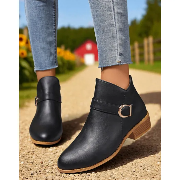 Women's Brown Faux Leather Ankle Boots – Low Heel Side Zip Buckle Booties for Fall Outings, Country Walks and Daily Wear