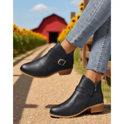 Women's Brown Faux Leather Ankle Boots – Low Heel Side Zip Buckle Booties for Fall Outings, Country Walks and Daily Wear