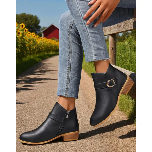 Women's Brown Faux Leather Ankle Boots – Low Heel Side Zip Buckle Booties for Fall Outings, Country Walks and Daily Wear