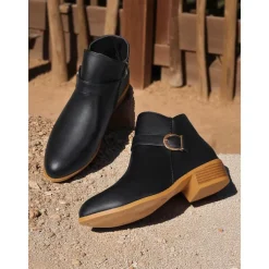 Women's Brown Faux Leather Ankle Boots – Low Heel Side Zip Buckle Booties for Fall Outings, Country Walks and Daily Wear