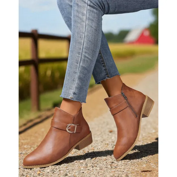 Women's Brown Faux Leather Ankle Boots – Low Heel Side Zip Buckle Booties for Fall Outings, Country Walks and Daily Wear