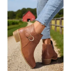 Women's Brown Faux Leather Ankle Boots – Low Heel Side Zip Buckle Booties for Fall Outings, Country Walks and Daily Wear