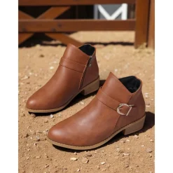 Women's Brown Faux Leather Ankle Boots – Low Heel Side Zip Buckle Booties for Fall Outings, Country Walks and Daily Wear