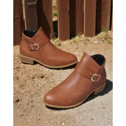 Women's Brown Faux Leather Ankle Boots – Low Heel Side Zip Buckle Booties for Fall Outings, Country Walks and Daily Wear