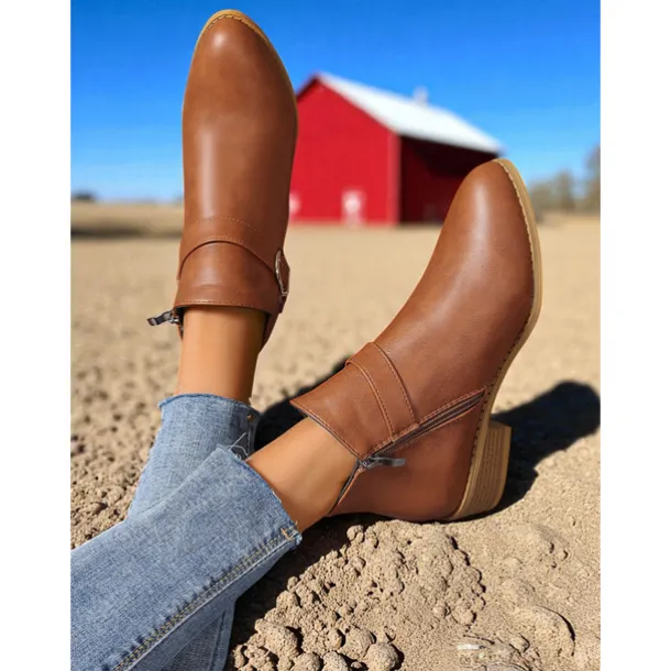 Women's Brown Faux Leather Ankle Boots – Low Heel Side Zip Buckle Booties for Fall Outings, Country Walks and Daily Wear