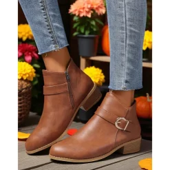 Women's Brown Faux Leather Ankle Boots – Low Heel Side Zip Buckle Booties for Fall Outings, Country Walks and Daily Wear