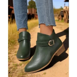 Women's Brown Faux Leather Ankle Boots – Low Heel Side Zip Buckle Booties for Fall Outings, Country Walks and Daily Wear