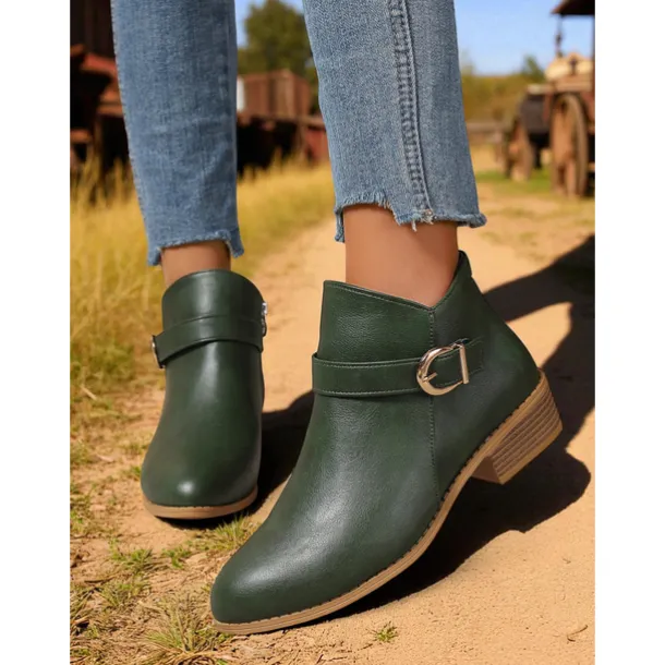 Women's Brown Faux Leather Ankle Boots – Low Heel Side Zip Buckle Booties for Fall Outings, Country Walks and Daily Wear