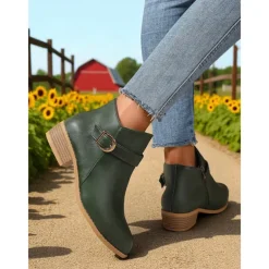 Women's Brown Faux Leather Ankle Boots – Low Heel Side Zip Buckle Booties for Fall Outings, Country Walks and Daily Wear