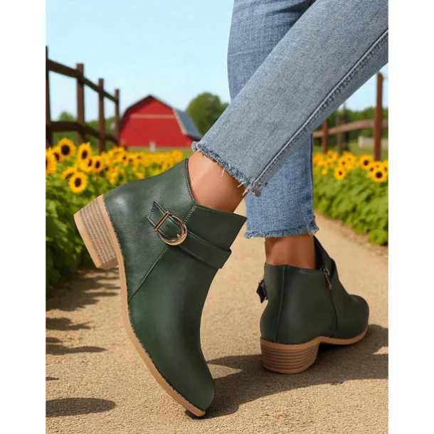 Women's Brown Faux Leather Ankle Boots – Low Heel Side Zip Buckle Booties for Fall Outings, Country Walks and Daily Wear