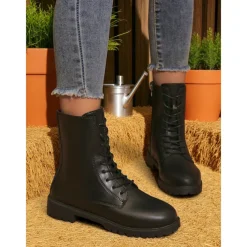 Women's Brown Faux Leather Combat Boots with Side Zipper – Lace-Up Ankle Boots for Fall Outdoor Work, Farm Chores & Everyday Casual Wear