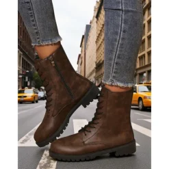 Women's Brown Faux Leather Combat Boots with Side Zipper – Lace-Up Ankle Boots for Fall Outdoor Work, Farm Chores & Everyday Casual Wear