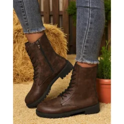 Women's Brown Faux Leather Combat Boots with Side Zipper – Lace-Up Ankle Boots for Fall Outdoor Work, Farm Chores & Everyday Casual Wear